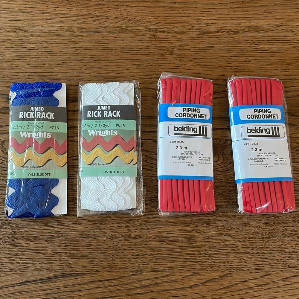 NWOT Vintage Lot:: Wrights Jumbo Rick Rack (White/Blue) & Belding Red Piping